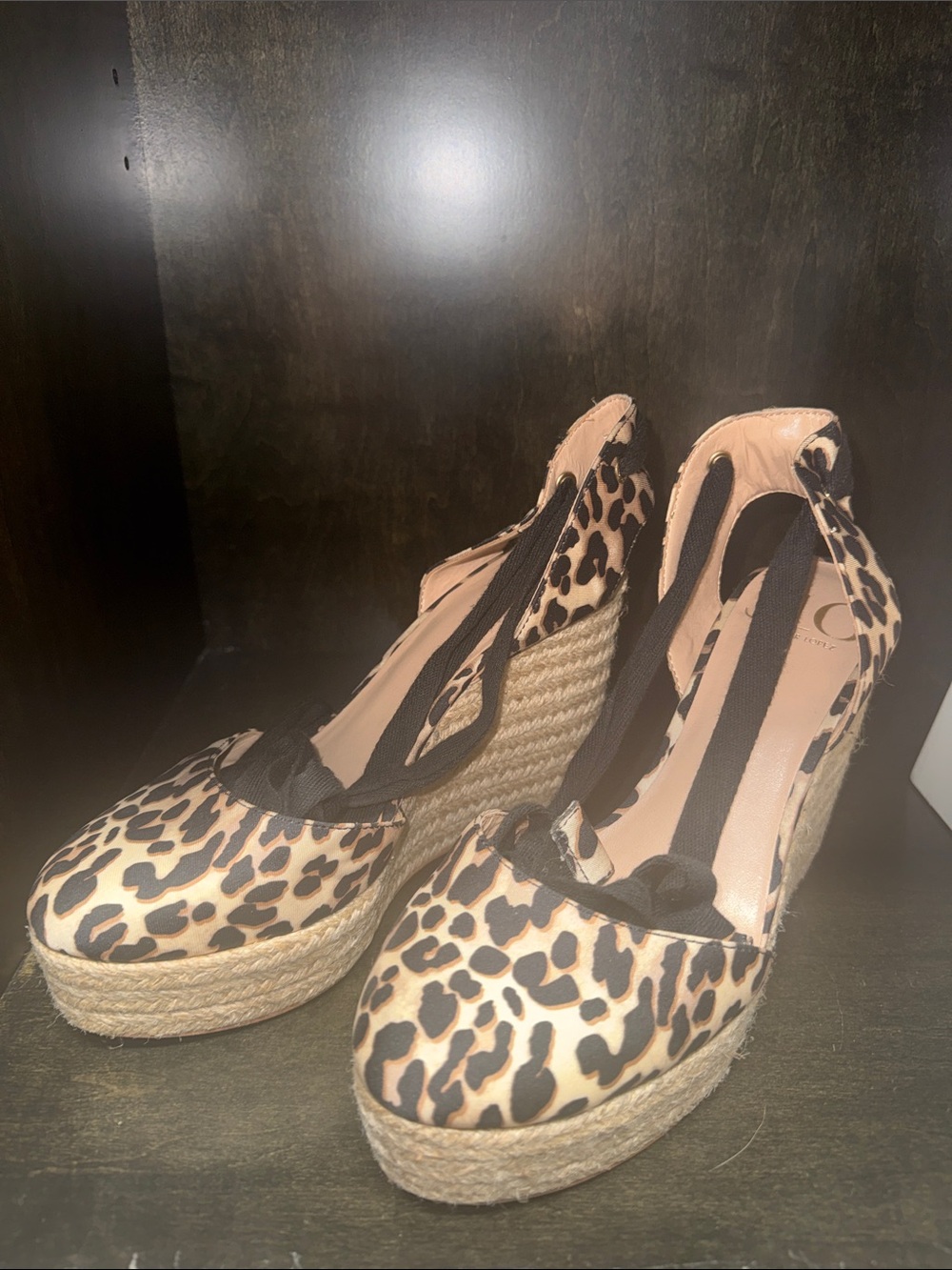 Jennifer Lopez Leopard Print Espadrille Wedges - Black, Tan
